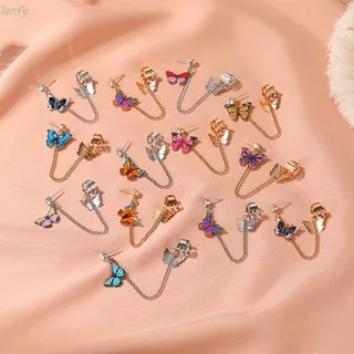 LANFY Elegant Butterfly Dangle Earrings Luxury Korean Style Ear Clips Ear Bone Clip Fashion Jewelry Tassel Metal Chains Rhinestone Chic Women Earrings