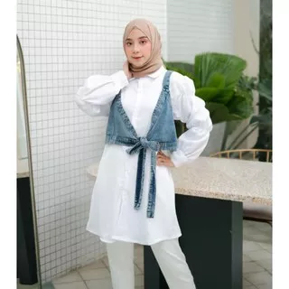 nara shirt kombinasi jeans/kemeja panjang warna putih wanita/kemeja tunik wanita/kemeja mix jeans