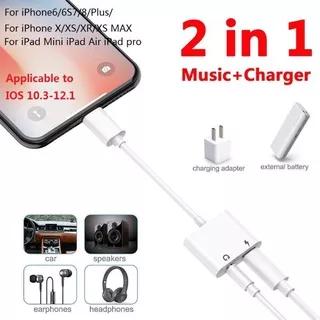 Kabel Adapter IPhone 7 7+ 8 8+ X XR Xs Max Splitter Converter Sambungan Lightning Headphone Audio Jack 2 in 1 Cable Charger Charging & Handsfree