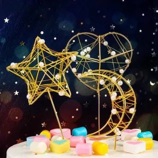 pearl gold metal cake topper kue bintang hati star heart birthday decor cupcake baking cake topper ultah ulang tahun tart dekorasi