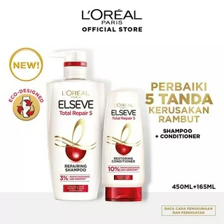 (PAKET HEMAT) L'Oreal Paris Elseve Total Repair 5 Dengan Ceramide - Shampoo 410ml & Conditioner 165ml (Perawatan untuk 5 Tanda Kerusakan Rambut)