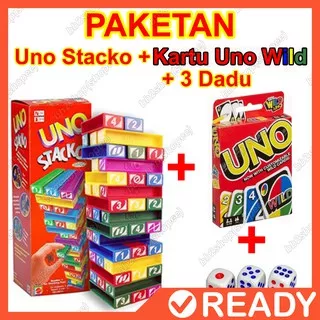 Paket UNO Stacko Kartu Card Wild Dadu Dice Mainan Balok Susun Paketan 3 in 1 Jumbo Besar Edukasi