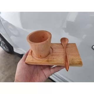 Coaster / Tatakan Gelas Kayu Set ( Tatakan, Gelas 10cm & Sendok Gula )