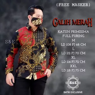 Galih Merah Hem Kemeja Batik Katun Sragenan HQ Size M-XXL Free Masker by S&E