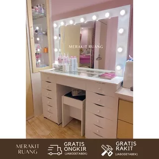 Meja rias vanity mirror terang besar 10 + 1 laci dengan lampu rak make up model minimalis elegan