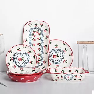 Cherry Red Dining Set Piring Mangkuk Pot Cangkir Makan Saji Keramik