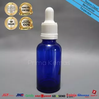 Botol kaca pipet 30 ml - botol kaca serum/ tetes - Botol Kaca Biru 30 ml Pipet Ring Putih