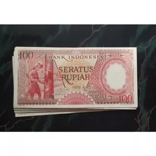 Uang kuno Rp 100 tahun 1964 warna merah seri pekerja penyadap karet asli jadul lama