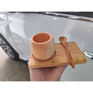 Coaster / Tatakan Gelas Kayu Set ( Tatakan, Gelas 7cm & Sendok Gula )