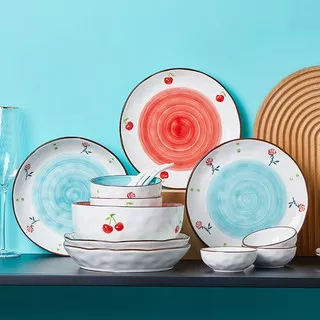 [PURETO] Cherry Blue Rose Plate and Bowl - Piring dan Mangkok Ceri Merah Mawar Biru Imut Cantik