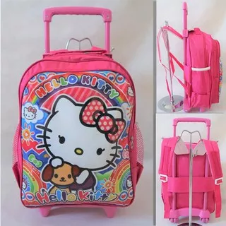 Tas Ransel Anak Sekolah Dorong TROLI Besar Anak Cewek Motif Hello Kitty Pink Lucu PAUD SD TK