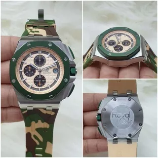 Jam Tangan Pria AP Royal Oak Cronograp Super Premium Graden AAA Warna Army Body Silver Ring Hijau