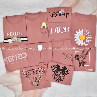 Tshirt dusty pink salmon collection / kaos oversize dusty pink salmon - butterfly daisy / be kind / annyeong bear / dream up / guess / two faces / seoul / dumbo  / minnie leopard / alpukat