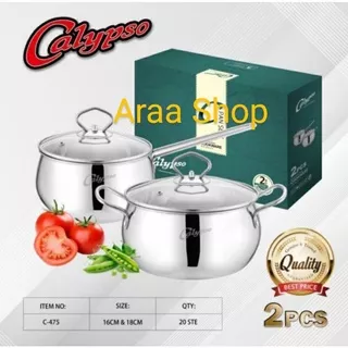 CALYPSO ORIGINAL 2pcs Panci Set Stainless Tutup Kaca Panci Mie + Panci Kuping (Soup Pot 18cm+Sauce Pan 16cm)