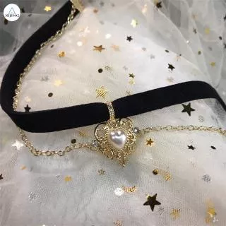 XIJING-COD Retro Girl Choker Golden Peach Heart Velvet Chain Pendant Necklace Clavicle Chain Collar Necklace