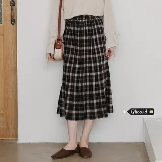 Rok Motif Kotak Midi Hitam Skirt  A-Line Lipit Panjang Korea Style Baju Wanita