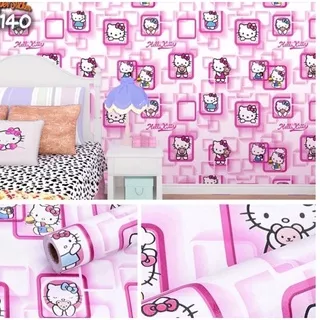 WALLPAPER STIKER DINDING / WALLSTIKER DINDING MOTIF HELLO KITTY KOTAK 3D / WARNA PINK DAN UNGU