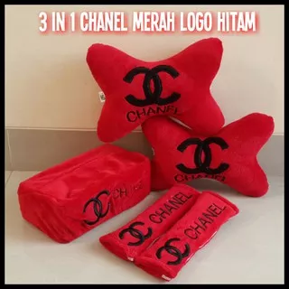 Bantal Mobil 3in1 Channel Merah Logo Hitam