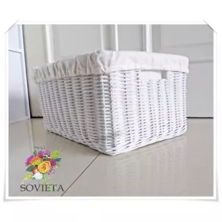 Keranjang Rotan Wicker Basket / Storage Asli Rotan Serbaguna Lapis Kain Linen Putih