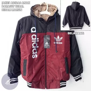 Jaket Adidas Anak Hitam Maroon - Jaket Adidas Kembung Jaring Parasut Tebal Hoodie Usia 6-10 Tahun Warna Kombinasi Hitam Marun