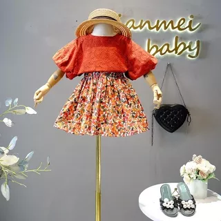 [363246-BRICK RED] Babyhoki Store - Setelan Import Fashion Trend Anak Perempuan - Motif Abstract Flowers
