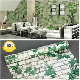 Wallpaper sticker dinding motif Batu bata putih daun hijau
