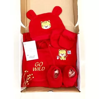 HAMPERS LAHIRAN BAJU MERAH BEAR / TIGER jumper bayi 1 bulan giftset kado lahiran bayi laki perempuan