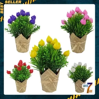 Tanaman Hias Plastik Bunga Tulip Ornamen Pot Bonsai Hiasan Pajangan Dekorasi Rumah Import Artificial Flower Satu7an PBP88