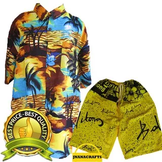 BBB kemeja pantai motif hawai celana ballibong tutul warna kuning XL set terbaru