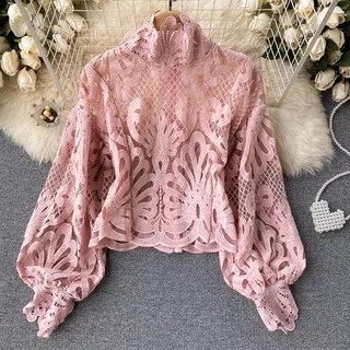 5891 Baju atasan blouse pesta kondangan brukat  Korean style wanita import baju atasan blouse kerja pesta kondangan Lace top putih hitam brokat  cewek Korea import murah terbaru kekinian