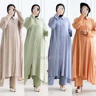 Hijab Sisters Brisia One Set Jumbo Rayon Diamond Motif Polkadot / Setelan Muslim Wanita LD 120 / Long Tunik Busui