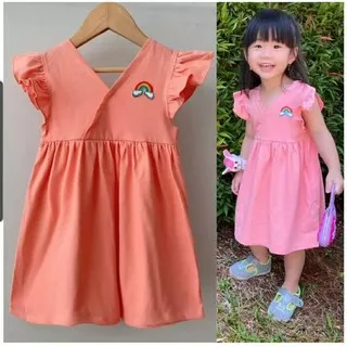 rainbow dress peach salem | dress smilee 1-5th polos  v anak perempuan cotton 100%