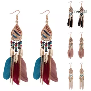 OW@ Vintage Elegant Long Pendant Dangle Hook Feather Earrings Women Jewelry Gift