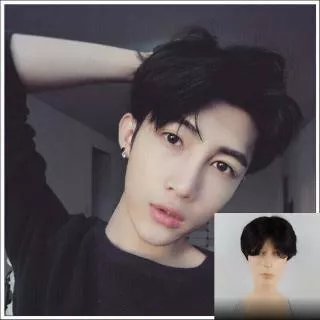 Pria Tampan Laki-laki Penuh Wig Korea Pendek Hitam Laki-laki Rambut Cosplay Wig Dekorasi