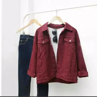 Jaket Jeans Denim Oversize Wanita/Cewek Murah Berkualitas Promo merah maroon marun