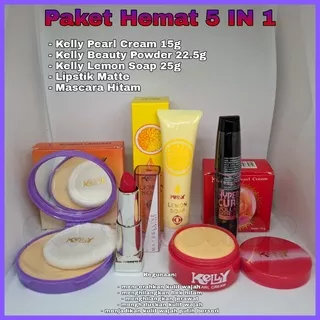 BB _ Paket Hemat 5 IN 1 - Mascara Hitam - Lipstik Dan Paket 3 IN 1 Kelly Kosmetik - Kelly Pearl Cream 15gr - Kelly Beauty Powder 22,5gr - Kelly Lemon Soap 25gr ORIGINAL BPOM