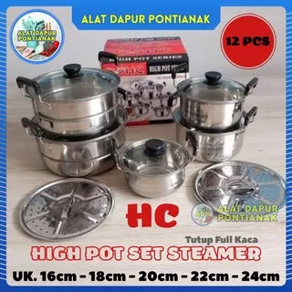 HC Panci Set HIGHPOT Steamer HappyCall 12pcs High Pot 12 PCS Stainless Steel Tutup Kaca Happy Call