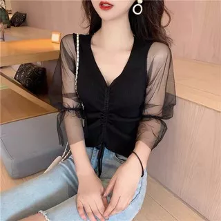 Baju Crop Top Wanita / Korean See Through Long Sleeve Crop Top SSC227