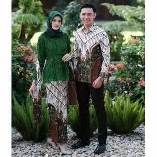 Baju Batik Couple Batik Sarimbit Kondangan Batik Pasangan Kekinian Kebaya Mika Hijau Botol New