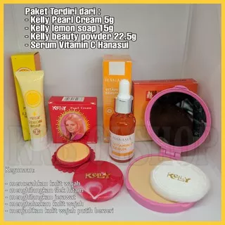 Paket 3 IN 1 Kelly Kosmetik Plus Serum Vitamin C Hanasui - Cream 5gr - Lemon 15gr - Bedak 22.5 gr