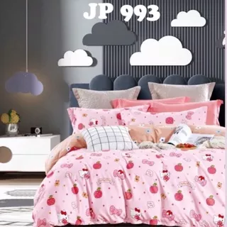BIOSIBEDDING Sprei Katun Jepang Motif Hello Kitty Pink Strowberry Custom Semua Size - Sprei Custom Rumbai King Queen Single Murah Surabaya