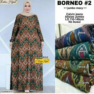 Gamis Dress Muslim Wanita Cantik Jumbo Size Motif Batik Calvin Jeans Borneo2 Maxi