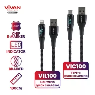 VIVAN Kabel Data 100cm USB To Type C 40W 5A / USB To Lightning 12W 2.4A Fast Charging Smart LED Display VIC100 / VIL100 Seri VI Garansi Resmi 1 Tahun