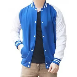 PROMO JAKET BASEBALL POLOS BIRU LENGAN PUTIH! SWEATER PRIA  COWOK  MURAH DISTRO VARSITY