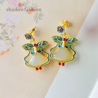ShadowFashion 1 PC Ethnic Style Butterfly Ancient Gold Inlaid Hetian Jade Earrings Necklace Set