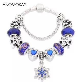 Classic Dark Blue Snowflake Pendant Pan Bead Bracelets Royal Blue Love Heart Crystal Charm Bracelet