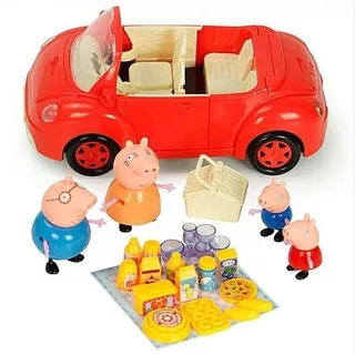 Peppa Pig Red Sports Car Toy Set Family Party Action Figures Doll Kids Dining Car Toys Birthday Gifts