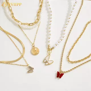 Fashion Snake Butterfly Sun Heart Pendant Necklace Pearl Gold Multilayer Chain Choker for Women Accessories Jewelry