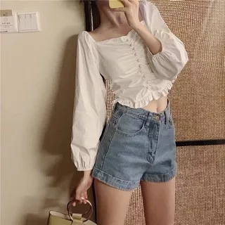 SONIA TOP / ATASAN CASUAL WANITA BAJU PUTIH CEWEK KOREA BAJU PUTIH POLOS CEWEK CROP TOP PUTIH LENGAN PANJANG