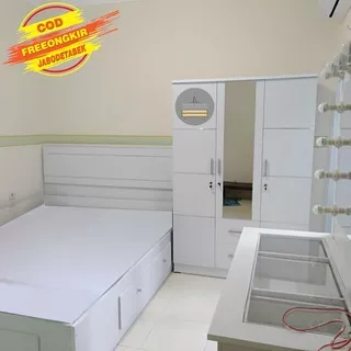 ZGFurniture Paket Furniture Set Kamar Tidur Estetik ( ranjang dipan + lemari + meja rias lampu)